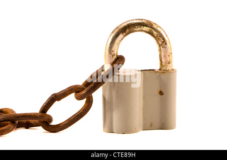 isolated on white metal lock and rusty chain Stock Photo