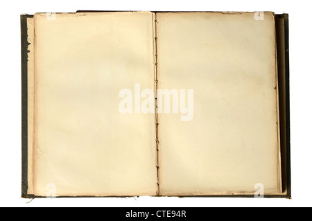 Open vintage book with blank pages isolated over white background