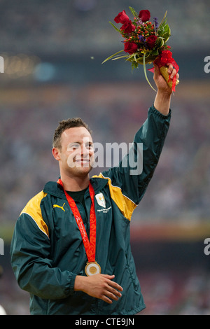 South African Paralympic sprinter Oscar Pistorius participates in the 100m and 200m, winning a gold medal at 2008 Paralympics Stock Photo