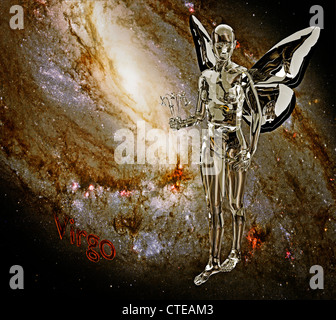 Computer digital design in 3d illustration of the virgo zodiac sign on a glass woman with a bouquet of flowers and wings with the background galaxy Stock Photo