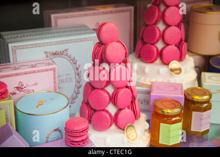 Window display of Laduree Bakery, Patisserie, and Tea Shop, Saint-Germain-des-Pres, Paris France Stock Photo