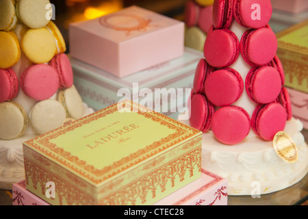 Window display of Laduree Bakery, Patisserie, and Tea Shop, Saint-Germain-des-Pres, Paris France Stock Photo