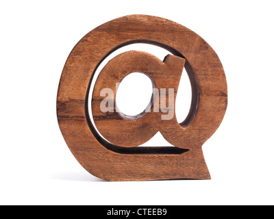 Email Symbol AT @ made of wood isolated on white background Stock Photo