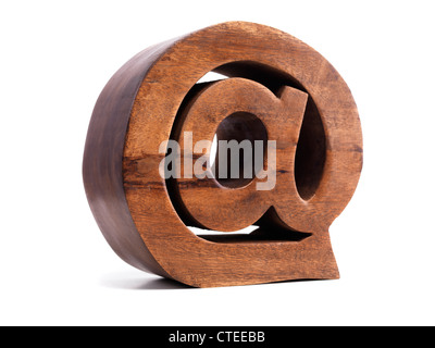 Email address symbol AT @ made of wood isolated on white background Stock Photo