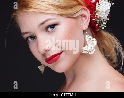 beautiful woman with bright make-up on black background Stock Photo
