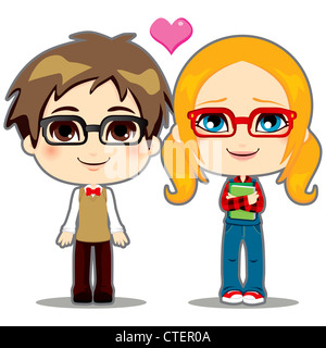 Cute teen geek couple happy in shy love Stock Photo