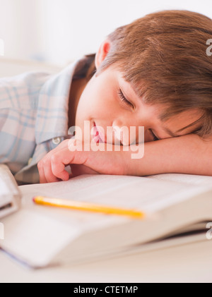 USA, New Jersey, Jersey City, Boy (10-11 years) sleeping on books while doing homework Stock Photo