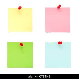 Set of post-it notes with push pins isolated on white background Stock Photo