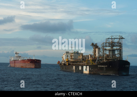Offloading Operations FPSO P47 from Petrobras with oil tanker during offloading operation in ...