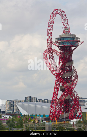 Anish Kapoor's Orbit sculpture rises above the Olympic Park, Stratford, East London, UK