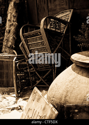 A glass blowers yard in Omodos, Cyprus in sepia Stock Photo