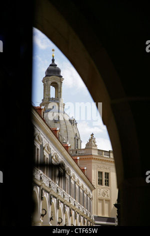 The Stallhof or Stable Block of the Residenzschloss, Dresden, Saxony, Germany, with the Frauenkirche behind. Stock Photo