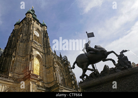 Statue of St George slaying the dragon outside St Vitus Cathedral, inside Prague Hradcany (Castle), Czech Republic. Stock Photo