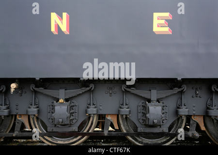 Tender of the preserved LNER steam locomotive Flying Scotsman in wartime black livery and numbered 502. Stock Photo