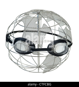 Wire globe with basic navigation lines wearing goggles for eyes - path included Stock Photo