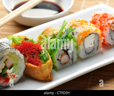 Sushi Assortment On White Dish, close up Stock Photo