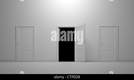 Interior scene with three doors and the middle one open Stock Photo