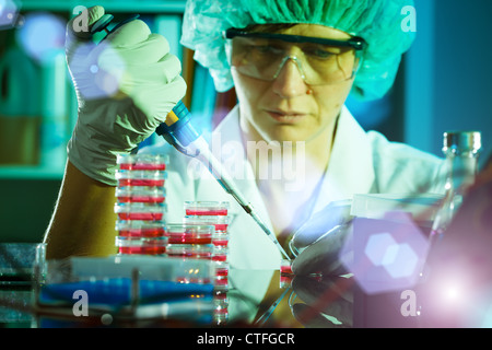 Scientist pipetting a liquid into Eppendorf tubes. Stock Photo