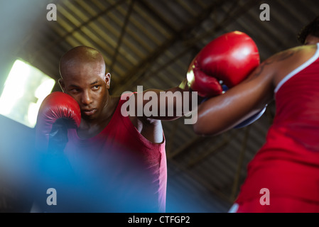 Sport and people, two men exercising and fighting in boxing gym Stock Photo