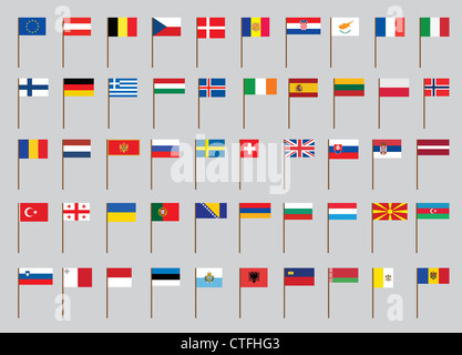 set of European flags on flagstaff illustration Stock Photo