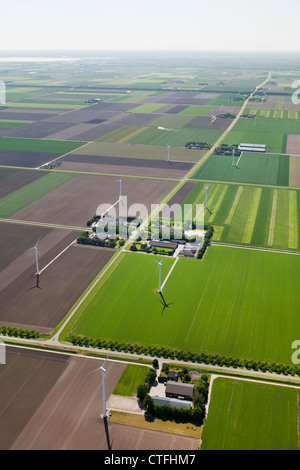 The Netherlands, Dronten, Farms and farmland in Flevopolder. Aerial. Stock Photo