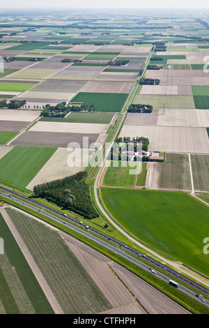 The Netherlands, Nagele, Farms and farmland in Flevopolder. Aerial. Stock Photo