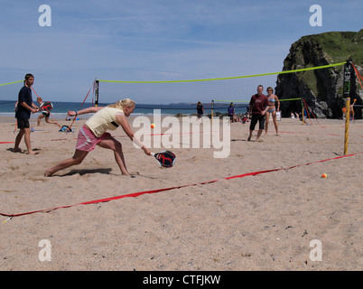 Beach Tennis Tournament, Tolcarne Beach, Newquay, Cornwall, UK Stock Photo