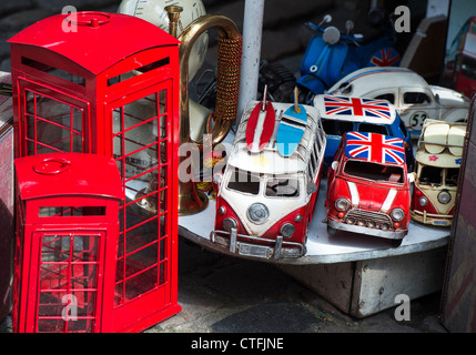 British retro ornaments on sale outside a shop in Camden high street. London Stock Photo