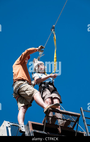 Woman on the zipline, Summit Chateau Lodge, Brian Head, Utah. Stock Photo