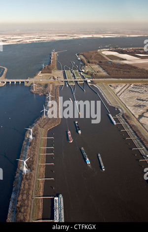 The Netherlands, Willemstad, Volkeraksluizen, Locks of Volkerak. Part of Delta Works. Aerial, winter, frost. Stock Photo