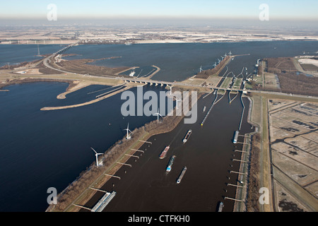 The Netherlands, Willemstad, Volkeraksluizen, Locks of Volkerak. Part of Delta Works. Aerial, winter, frost. Stock Photo