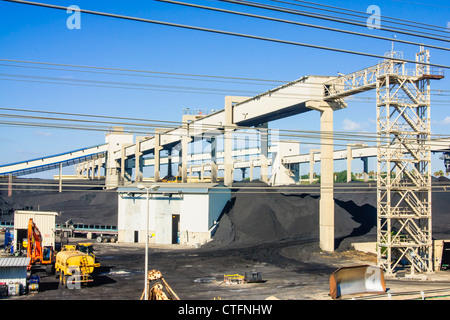 Hadera, Israel. A large heap of coal in a power plant, surrounded by equipment and  a conveyor belt. Stock Photo