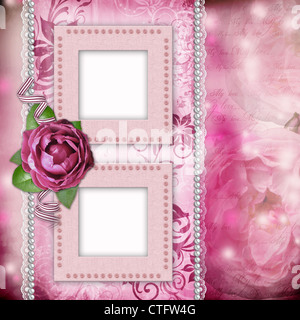 Frame with pink roses, lace, text and pearls Stock Photo