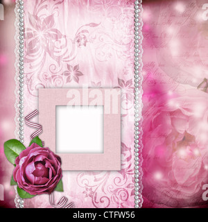 Frame with pink roses, lace, text and pearls Stock Photo