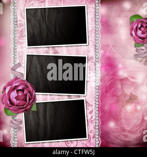 Frame with pink roses, lace, text and pearls Stock Photo