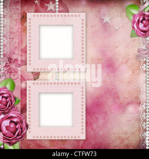 Frame with pink roses, lace, text and pearls Stock Photo