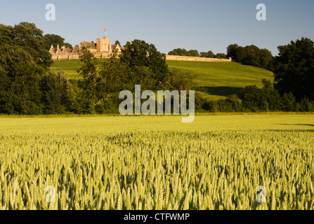 View of the back of Rockingham Castle from across the fields, Corby, Northamptonshire, UK Stock Photo