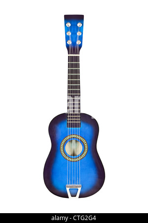 Deep blue toy six string ukulele size toy guitar isolated with clipping path. Stock Photo