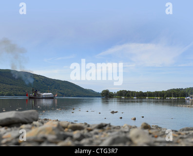 Steam yacht boat Gondola on Coniston Water in summer Cumbria Lake District National Park England UK United Kingdom GB Great Britain Stock Photo