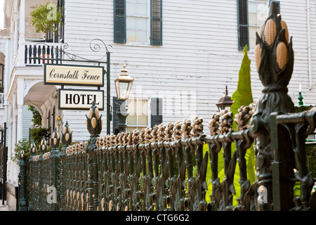 Wrought iron fence at Cornstalk Fence Hotel on Royal Street in the French Quarter of New Orleans, LA Stock Photo