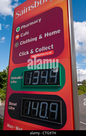 Fuel price display at Sainsbury's petrol station, Surrey, UK Stock Photo