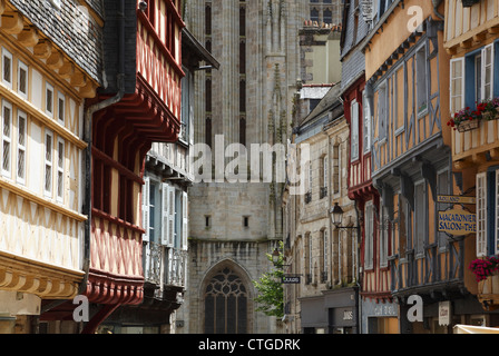 View down Rue Kereon towards the Cathedral of St Corentin, Quimper. Brittany. France. Stock Photo