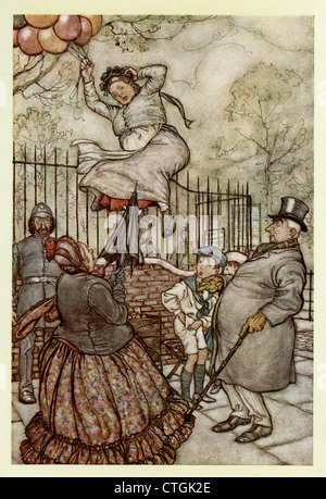 Illustration by Arthur Rackham from Peter Pan in Kensington Gardens. The lady with the balloons Stock Photo
