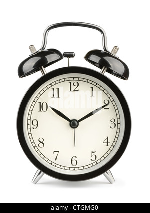 Black classic style alarm clock isolated on white Stock Photo