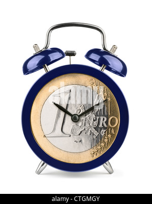 Blue alarm clock with euro clockface isolated on white Stock Photo