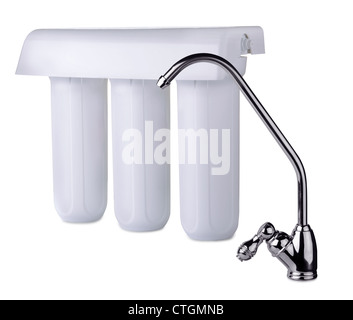 Faucet and water filter isolated on white Stock Photo