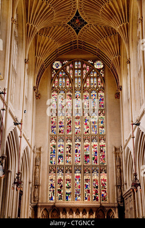 The East stained glass window showing 56 scenes from the life of Christ, Bath Abbey Somerset UK Stock Photo
