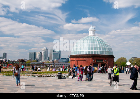 View of London Canary Wharf business district from Greenwich. Greenwich foot tunnel across river Thames in in the foreground. Stock Photo