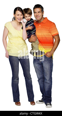 Family using telephone together Stock Photo