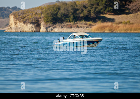 fisherman in a boat trolling for trout, Lake Cachuma, Santa Ynez Valley, California, United States of America Stock Photo